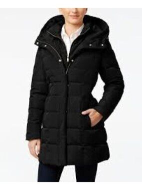 Cole Haan Signature Down Feather Hooded Puffer Coat Womens M Black Prep $265 NEW